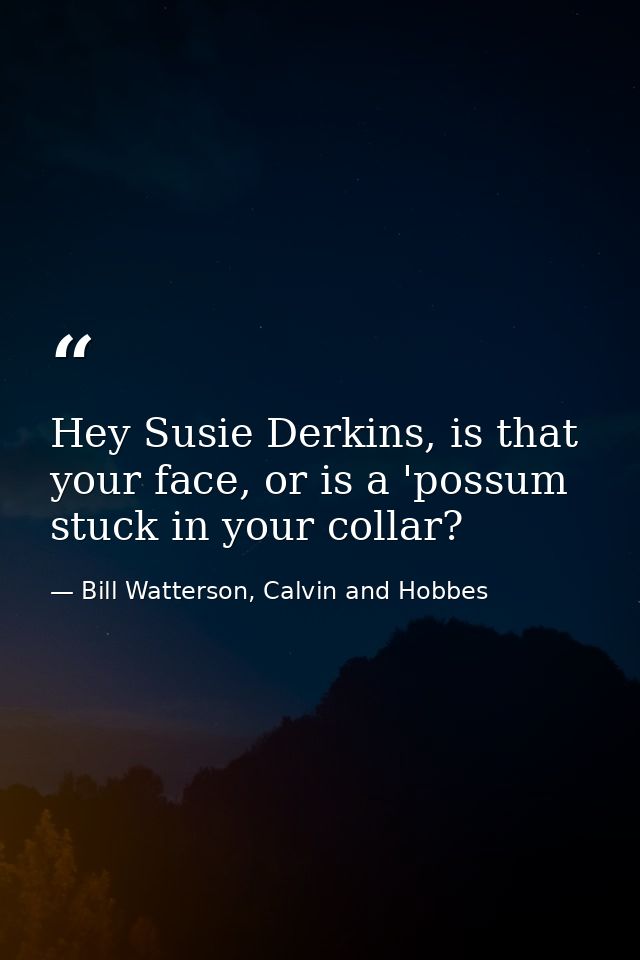 Hey Susie Derkins, is that your face, or is a 'possum stuck in your collar? — Bill Watterson, Calvin and Hobbes
