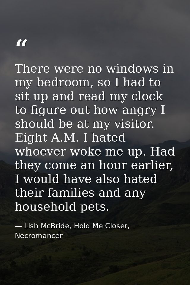 There were no windows in my bedroom, so I had to sit up and read my clock to figure out how angry I should be at my visi — Lish McBride, Hold Me Closer, Necromancer