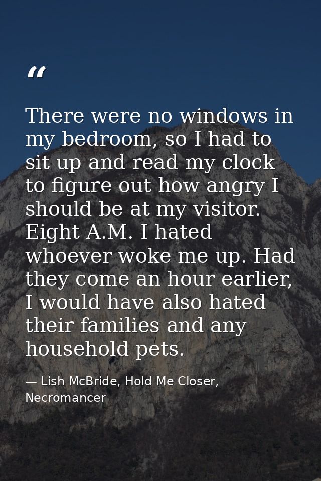 There were no windows in my bedroom, so I had to sit up and read my clock to figure out how angry I should be at my visi — Lish McBride, Hold Me Closer, Necromancer
