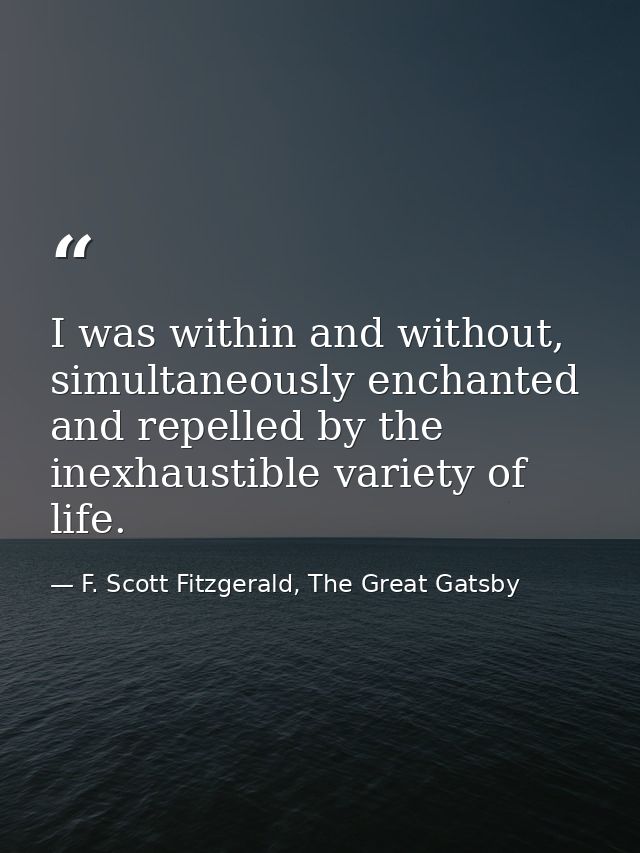 I was within and without, simultaneously enchanted and repelled by the inexhaustible variety of life. — F. Scott Fitzgerald, The Great Gatsby