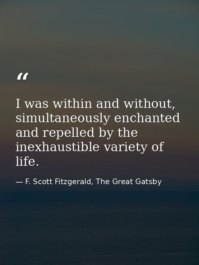 I was within and without, simultaneously enchanted and repelled by the inexhaustible variety of life. — F. Scott Fitzgerald, The Great Gatsby