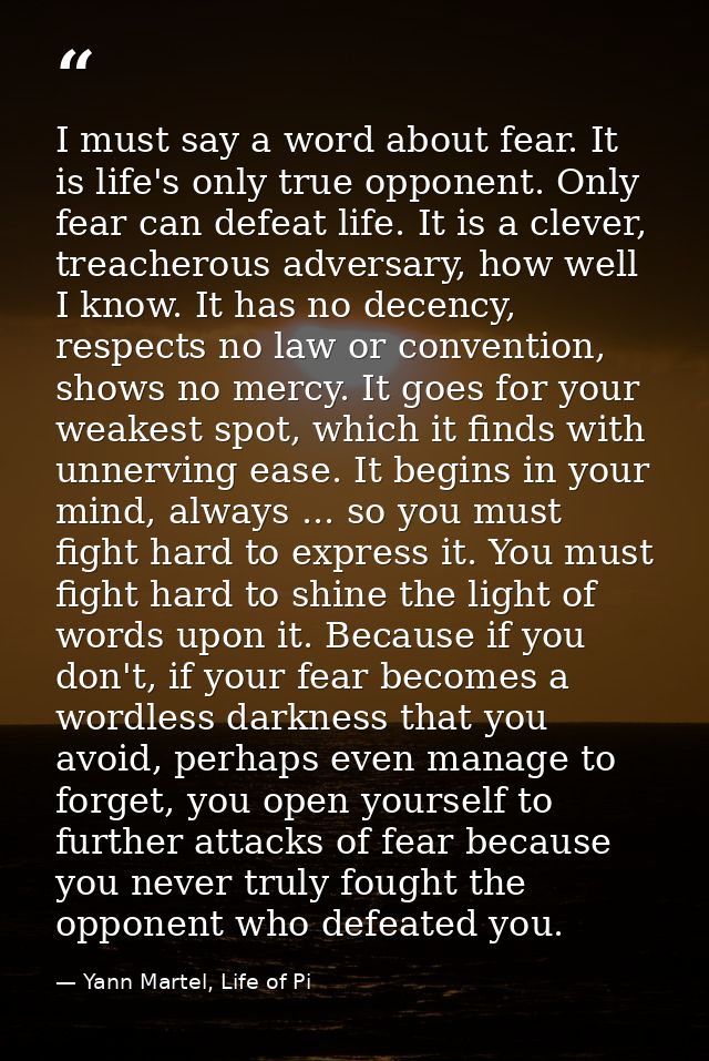 I must say a word about fear. It is life's only true opponent. Only fear can defeat life. It is a clever, treacherous ad — Yann Martel, Life of Pi