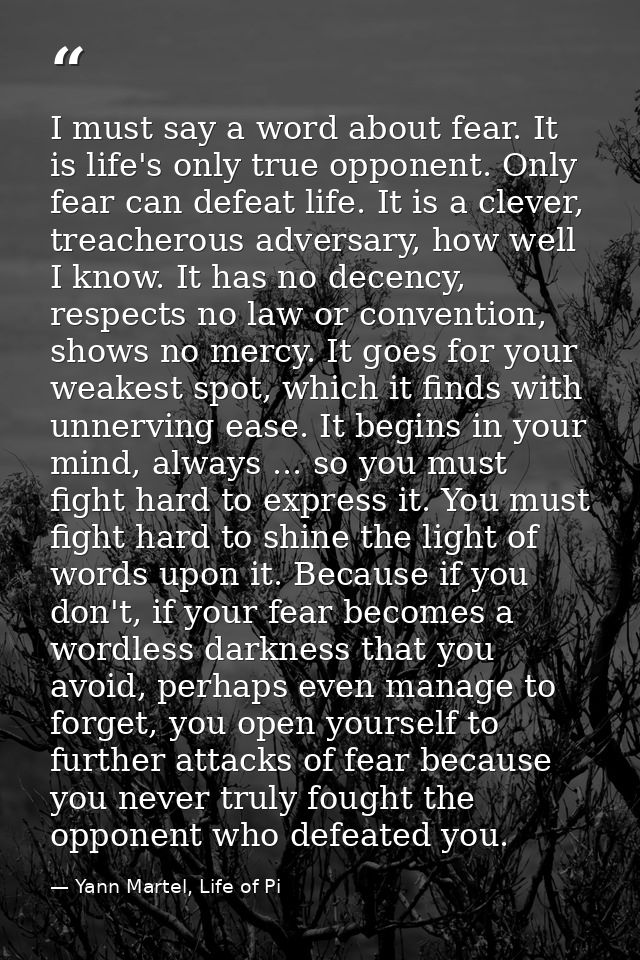 I must say a word about fear. It is life's only true opponent. Only fear can defeat life. It is a clever, treacherous ad — Yann Martel, Life of Pi