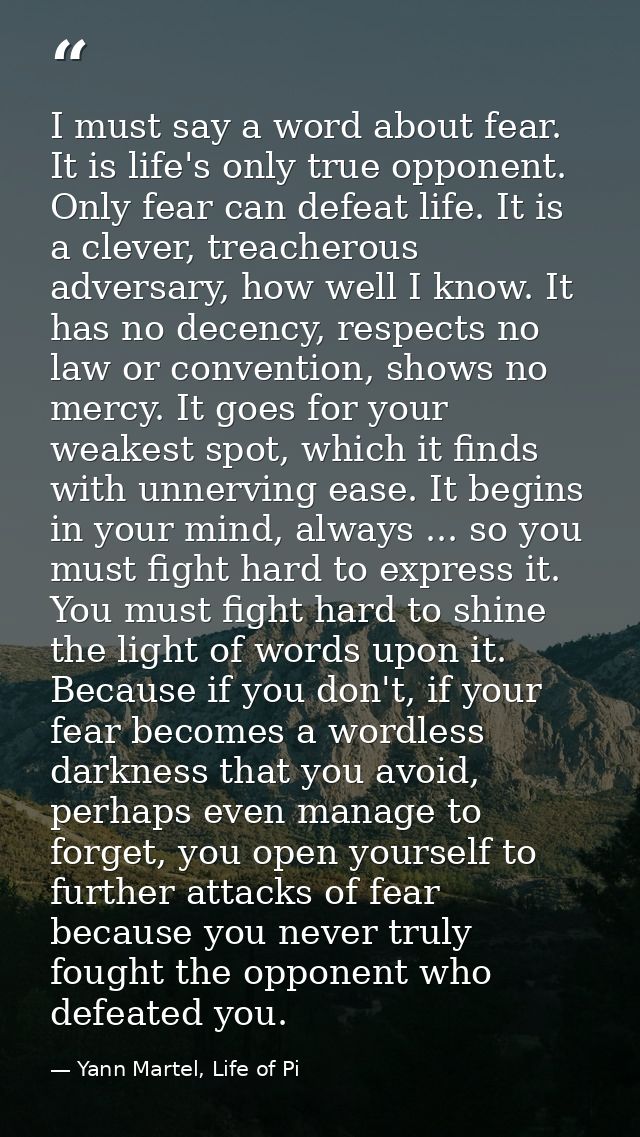 I must say a word about fear. It is life's only true opponent. Only fear can defeat life. It is a clever, treacherous ad — Yann Martel, Life of Pi