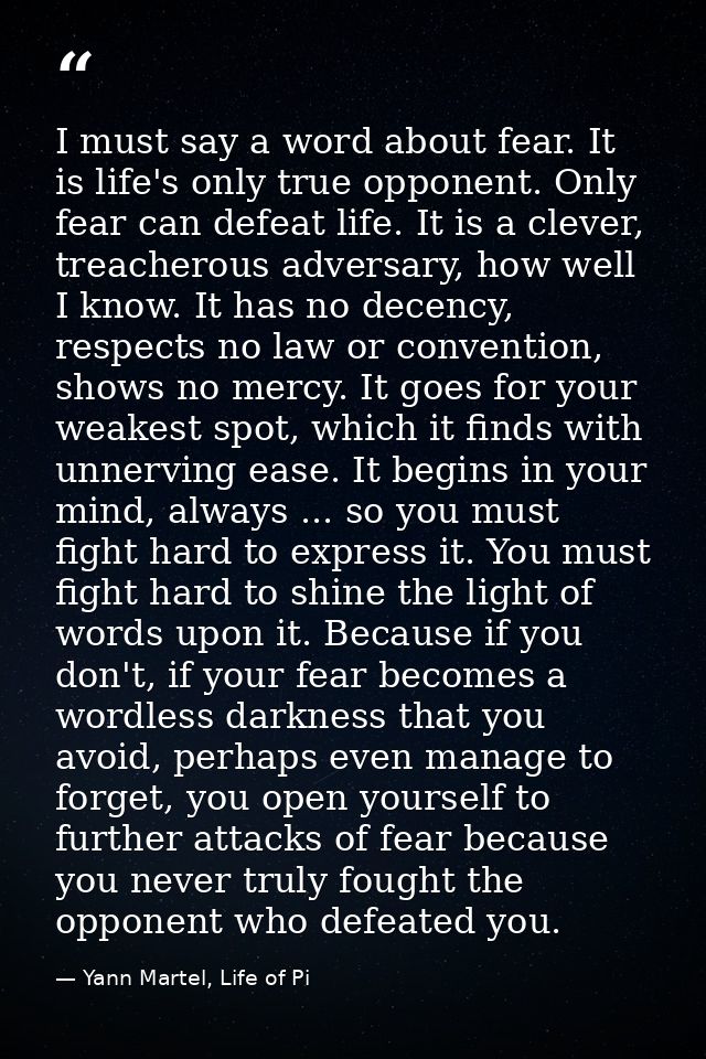 I must say a word about fear. It is life's only true opponent. Only fear can defeat life. It is a clever, treacherous ad — Yann Martel, Life of Pi