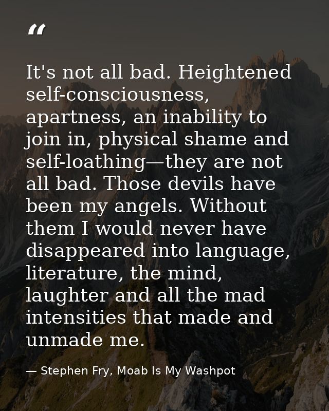 It's not all bad. Heightened self-consciousness, apartness, an inability to join in, physical shame and self-loathing—th — Stephen Fry, Moab Is My Washpot