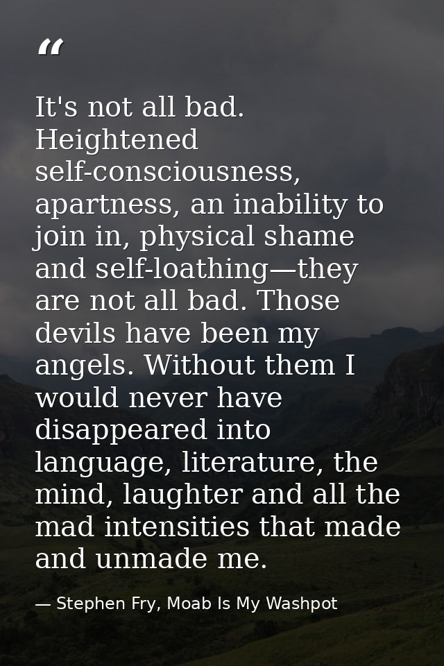 It's not all bad. Heightened self-consciousness, apartness, an inability to join in, physical shame and self-loathing—th — Stephen Fry, Moab Is My Washpot