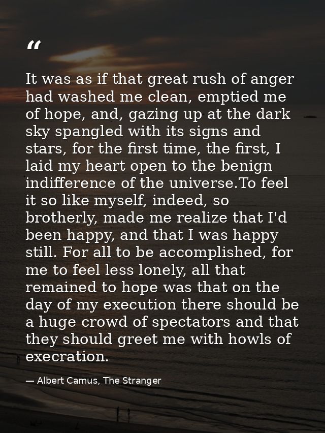 It was as if that great rush of anger had washed me clean, emptied me of hope, and, gazing up at the dark sky spangled w — Albert Camus, The Stranger