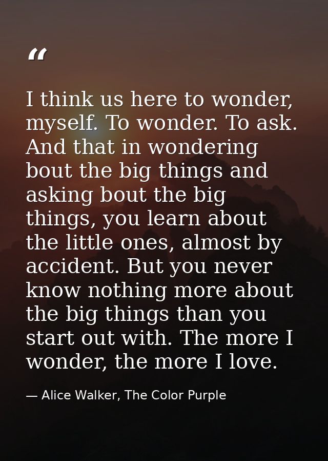 I think us here to wonder, myself. To wonder. To ask. And that in wondering bout the big things and asking bout the big  — Alice Walker, The Color Purple