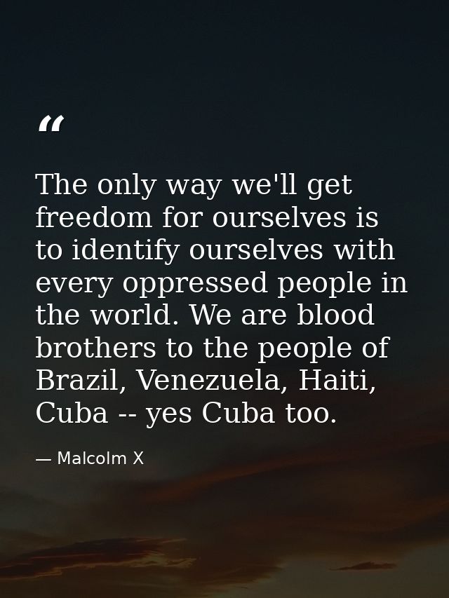 The only way we'll get freedom for ourselves is to identify ourselves with every oppressed people in the world. We are b — Malcolm X