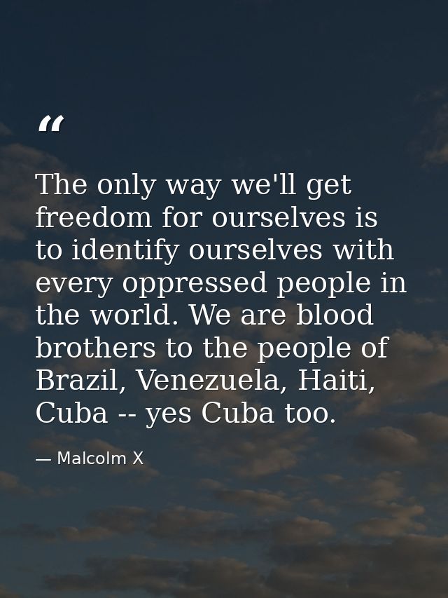 The only way we'll get freedom for ourselves is to identify ourselves with every oppressed people in the world. We are b — Malcolm X