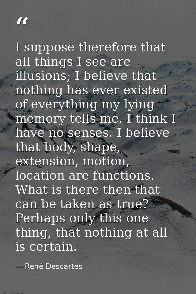 I suppose therefore that all things I see are illusions; I believe that nothing has ever existed of everything my lying  — René Descartes