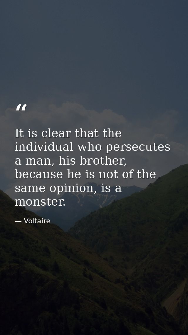 It is clear that the individual who persecutes a man, his brother, because he is not of the same opinion, is a monster. — Voltaire