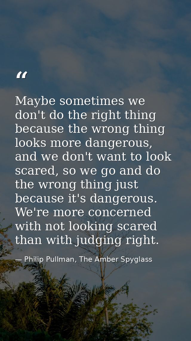Maybe sometimes we don't do the right thing because the wrong thing looks more dangerous, and we don't want to look scar — Philip Pullman, The Amber Spyglass