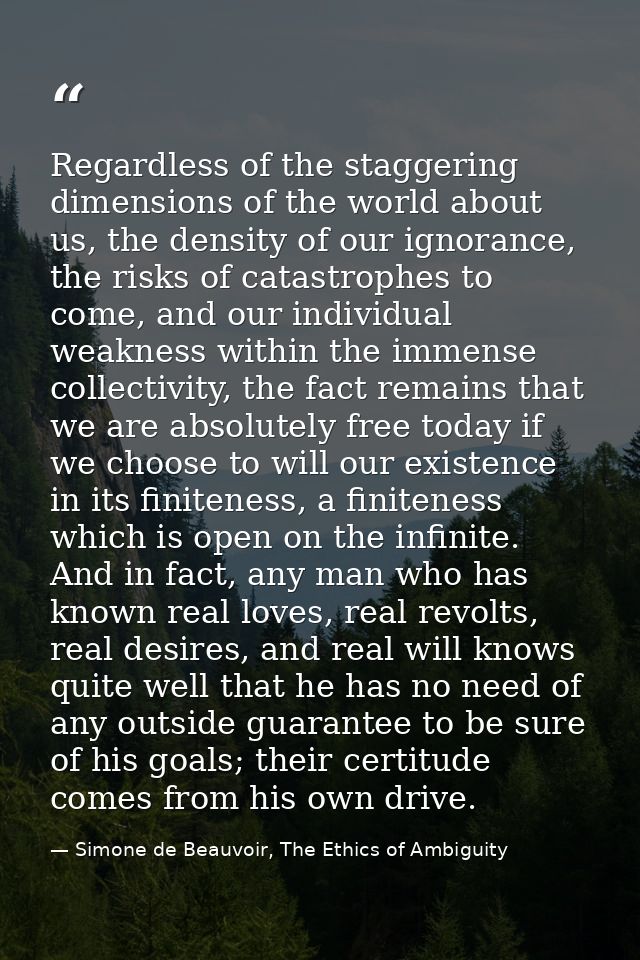 Regardless of the staggering dimensions of the world about us, the density of our ignorance, the risks of catastrophes t — Simone de Beauvoir, The Ethics of Ambiguity