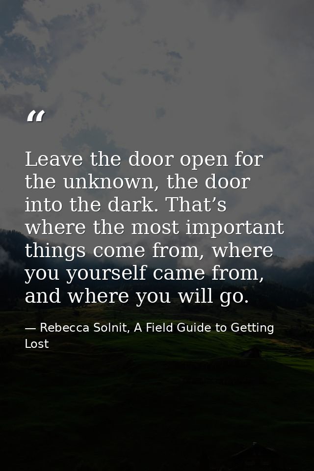 Leave the door open for the unknown, the door into the dark. That’s where the most important things come from, where you — Rebecca Solnit, A Field Guide to Getting Lost