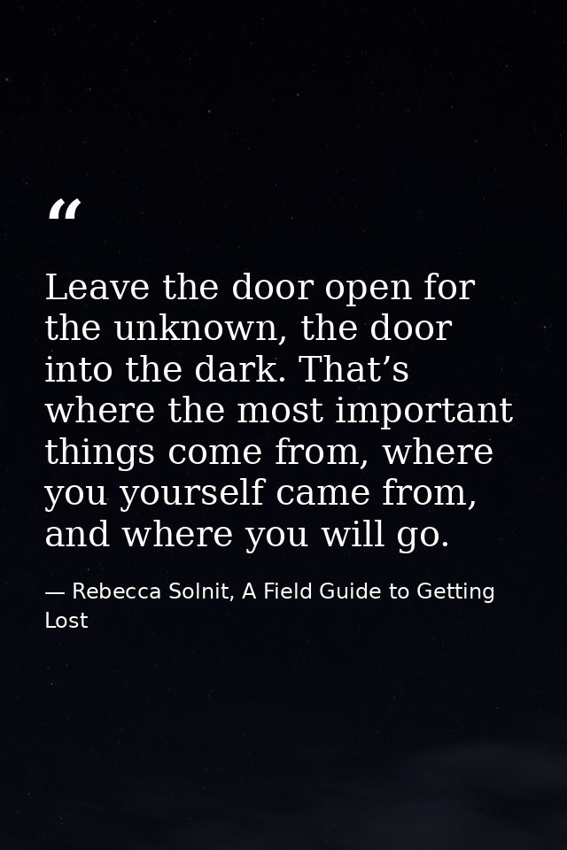 Leave the door open for the unknown, the door into the dark. That’s where the most important things come from, where you — Rebecca Solnit, A Field Guide to Getting Lost