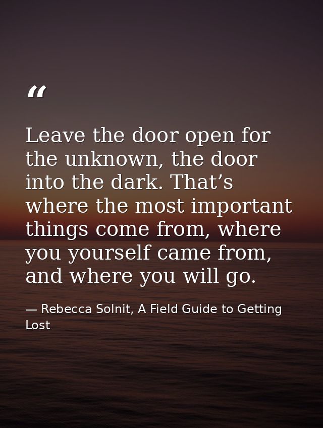 Leave the door open for the unknown, the door into the dark. That’s where the most important things come from, where you — Rebecca Solnit, A Field Guide to Getting Lost