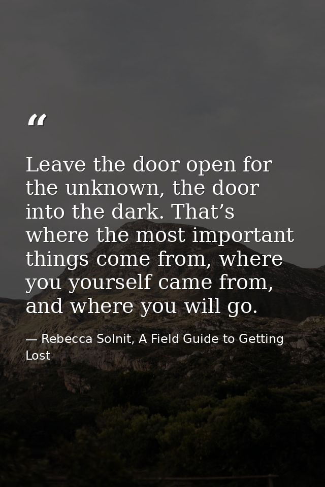 Leave the door open for the unknown, the door into the dark. That’s where the most important things come from, where you — Rebecca Solnit, A Field Guide to Getting Lost