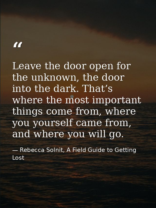 Leave the door open for the unknown, the door into the dark. That’s where the most important things come from, where you — Rebecca Solnit, A Field Guide to Getting Lost
