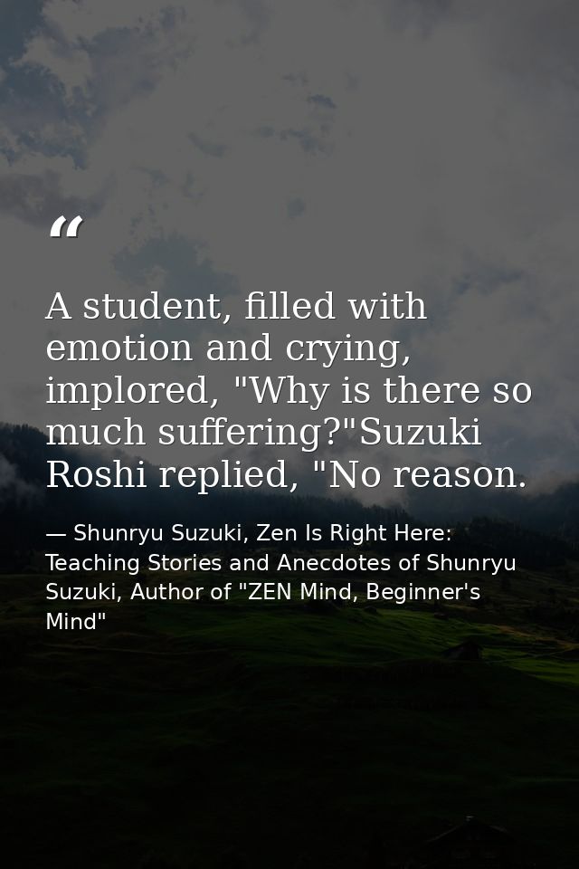 A student, filled with emotion and crying, implored, "Why is there so much suffering?"Suzuki Roshi replied, "No reason. — Shunryu Suzuki, Zen Is Right Here: Teaching Stories and Anecdotes of Shunryu Suzuki, Author of "ZEN Mind, Beginner's Mind"