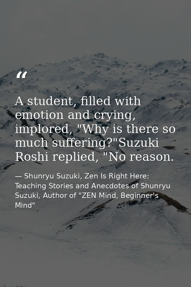 A student, filled with emotion and crying, implored, "Why is there so much suffering?"Suzuki Roshi replied, "No reason. — Shunryu Suzuki, Zen Is Right Here: Teaching Stories and Anecdotes of Shunryu Suzuki, Author of "ZEN Mind, Beginner's Mind"