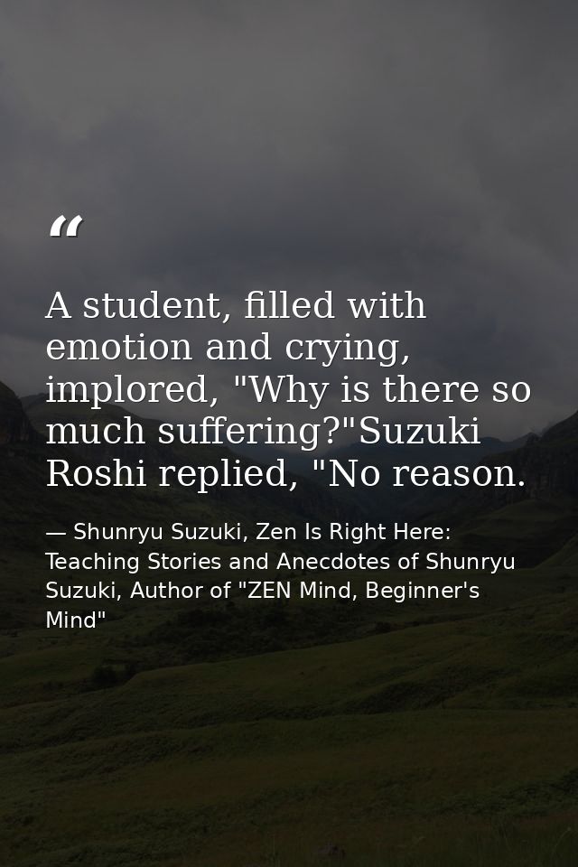 A student, filled with emotion and crying, implored, "Why is there so much suffering?"Suzuki Roshi replied, "No reason. — Shunryu Suzuki, Zen Is Right Here: Teaching Stories and Anecdotes of Shunryu Suzuki, Author of "ZEN Mind, Beginner's Mind"