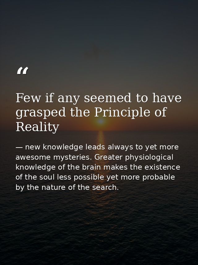 Few if any seemed to have grasped the Principle of Reality — new knowledge leads always to yet more awesome mysteries. Greater physiological knowledge of the brain makes the existence of the soul less possible yet more probable by the nature of the search.