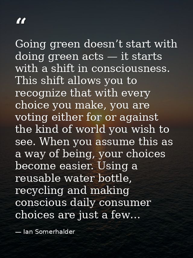 Going green doesn’t start with doing green acts — it starts with a shift in consciousness. This shift allows you to reco — Ian Somerhalder