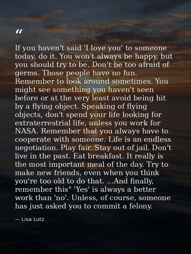 If you haven't said 'I love you' to someone today, do it. You won't always be happy, but you should try to be. Don't be  — Lisa Lutz