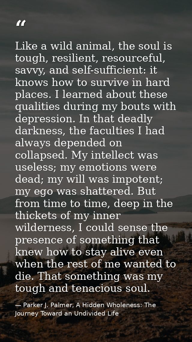 Like a wild animal, the soul is tough, resilient, resourceful, savvy, and self-sufficient: it knows how to survive in ha — Parker J. Palmer, A Hidden Wholeness: The Journey Toward an Undivided Life