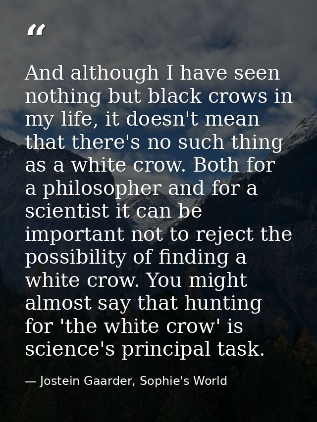 And although I have seen nothing but black crows in my life, it doesn't mean that there's no such thing as a white crow. — Jostein Gaarder, Sophie's World