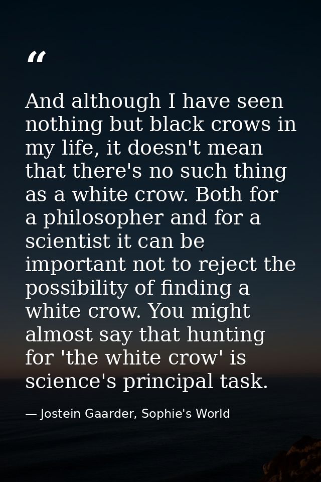 And although I have seen nothing but black crows in my life, it doesn't mean that there's no such thing as a white crow. — Jostein Gaarder, Sophie's World