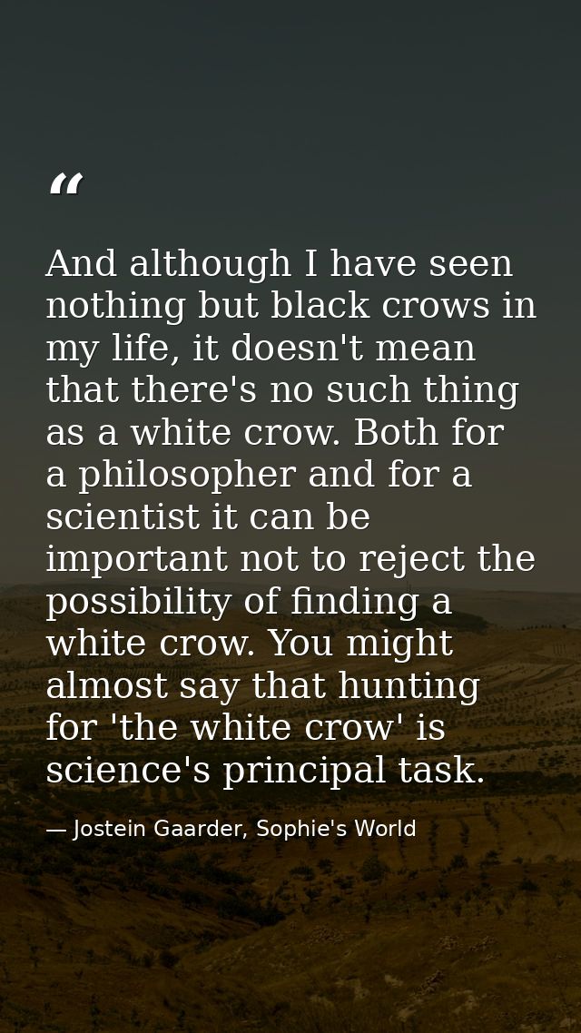 And although I have seen nothing but black crows in my life, it doesn't mean that there's no such thing as a white crow. — Jostein Gaarder, Sophie's World
