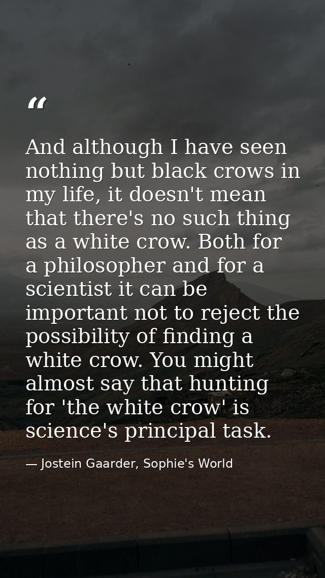 And although I have seen nothing but black crows in my life, it doesn't mean that there's no such thing as a white crow. — Jostein Gaarder, Sophie's World