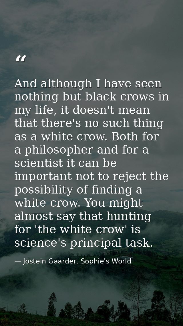 And although I have seen nothing but black crows in my life, it doesn't mean that there's no such thing as a white crow. — Jostein Gaarder, Sophie's World