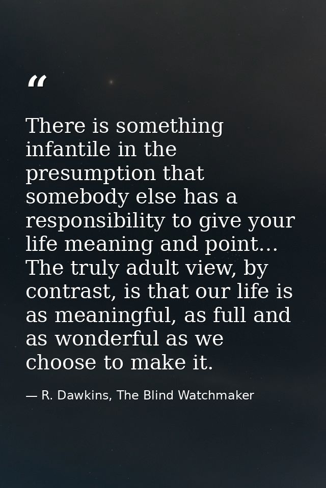 There is something infantile in the presumption that somebody else has a responsibility to give your life meaning and po — R. Dawkins, The Blind Watchmaker