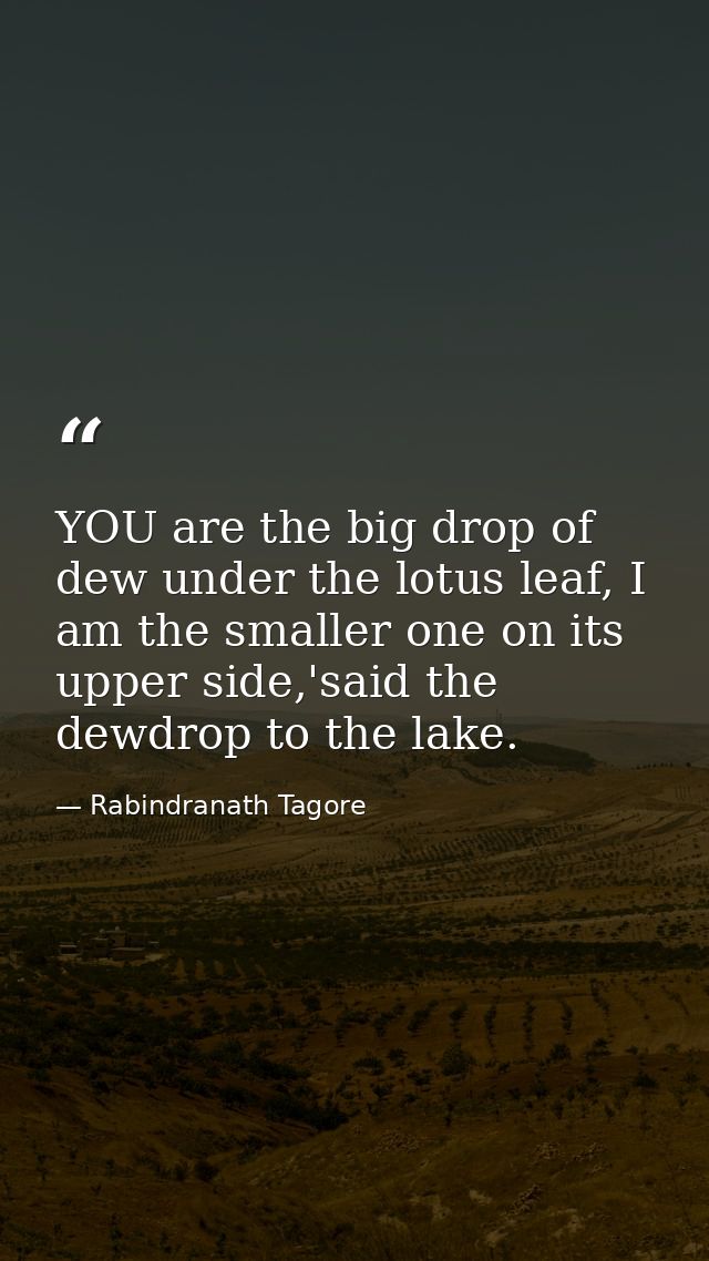 YOU are the big drop of dew under the lotus leaf, I am the smaller one on its upper side,'said the dewdrop to the lake. — Rabindranath Tagore
