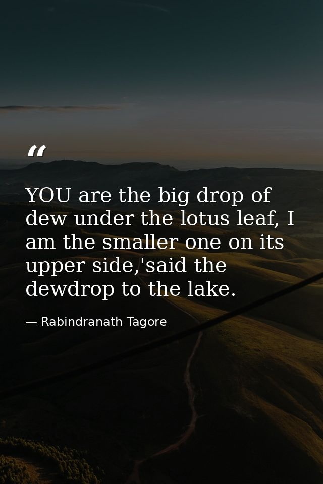 YOU are the big drop of dew under the lotus leaf, I am the smaller one on its upper side,'said the dewdrop to the lake. — Rabindranath Tagore