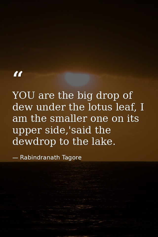 YOU are the big drop of dew under the lotus leaf, I am the smaller one on its upper side,'said the dewdrop to the lake. — Rabindranath Tagore