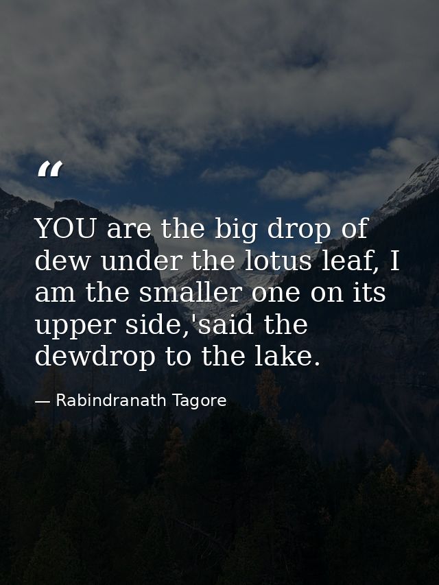 YOU are the big drop of dew under the lotus leaf, I am the smaller one on its upper side,'said the dewdrop to the lake. — Rabindranath Tagore