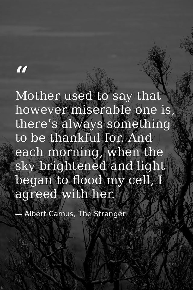Mother used to say that however miserable one is, there’s always something to be thankful for. And each morning, when th — Albert Camus, The Stranger