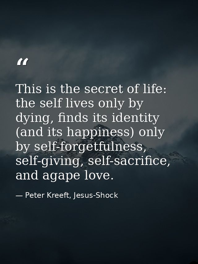 This is the secret of life: the self lives only by dying, finds its identity (and its happiness) only by self-forgetfuln — Peter Kreeft, Jesus-Shock