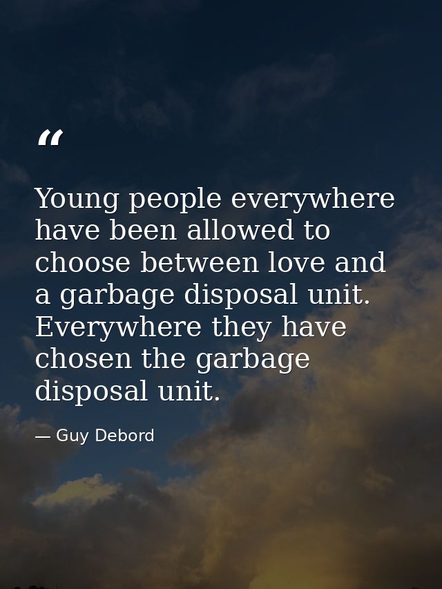 Young people everywhere have been allowed to choose between love and a garbage disposal unit. Everywhere they have chose — Guy Debord