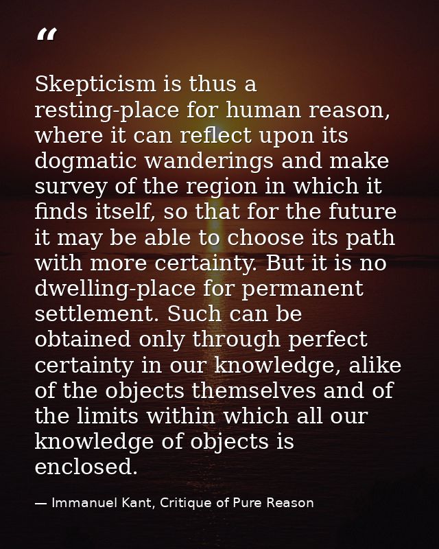 Skepticism is thus a resting-place for human reason, where it can reflect upon its dogmatic wanderings and make survey o — Immanuel Kant, Critique of Pure Reason