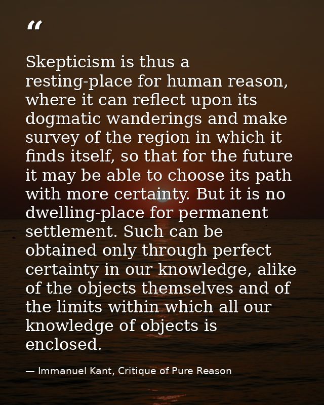 Skepticism is thus a resting-place for human reason, where it can reflect upon its dogmatic wanderings and make survey o — Immanuel Kant, Critique of Pure Reason