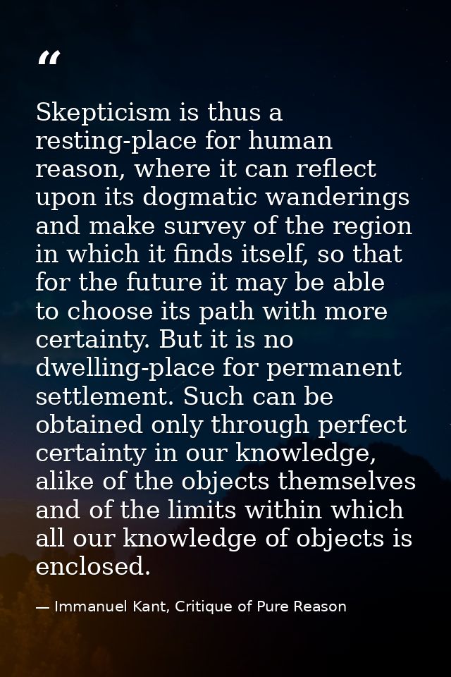 Skepticism is thus a resting-place for human reason, where it can reflect upon its dogmatic wanderings and make survey o — Immanuel Kant, Critique of Pure Reason