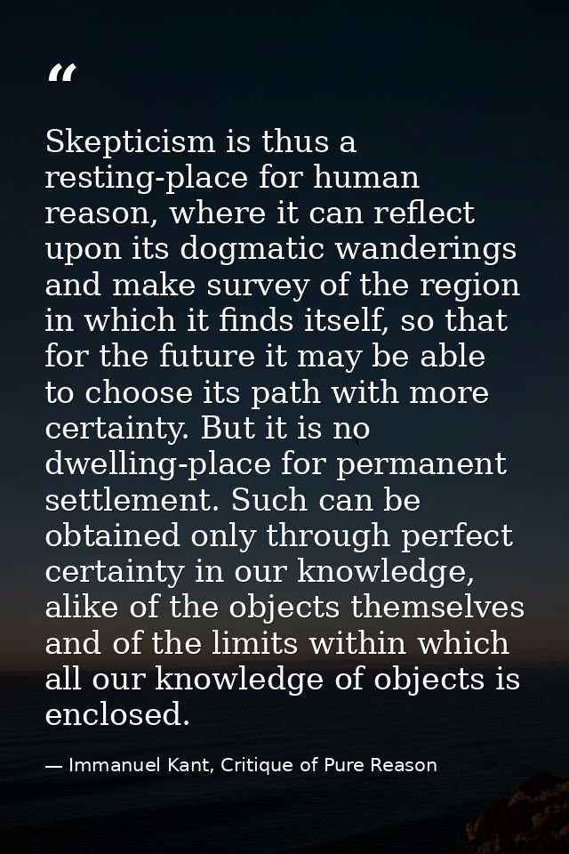 Skepticism is thus a resting-place for human reason, where it can reflect upon its dogmatic wanderings and make survey o — Immanuel Kant, Critique of Pure Reason