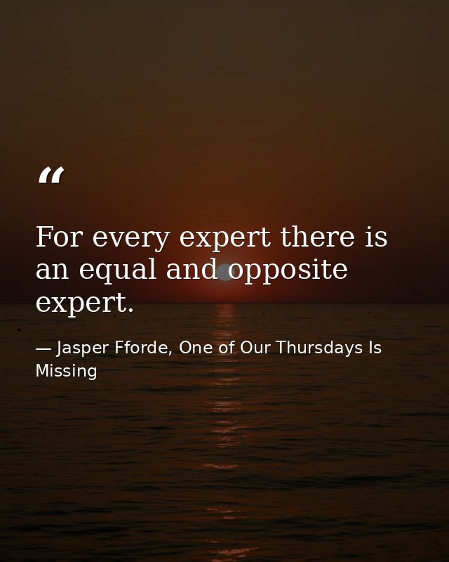 For every expert there is an equal and opposite expert. — Jasper Fforde, One of Our Thursdays Is Missing