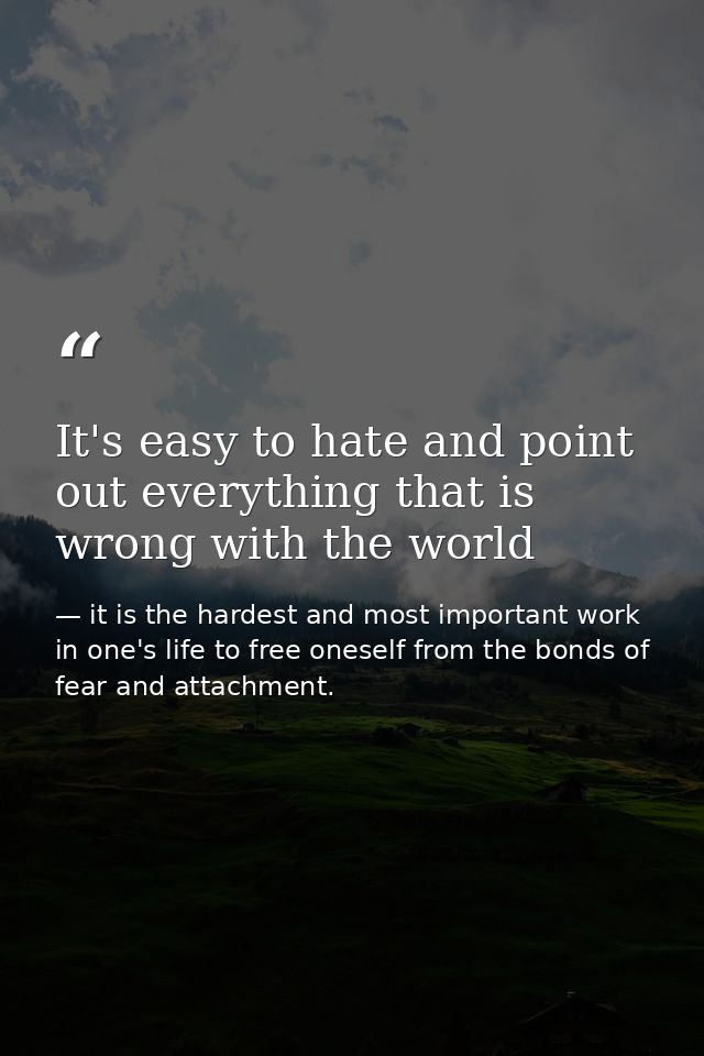 It's easy to hate and point out everything that is wrong with the world — it is the hardest and most important work in one's life to free oneself from the bonds of fear and attachment.